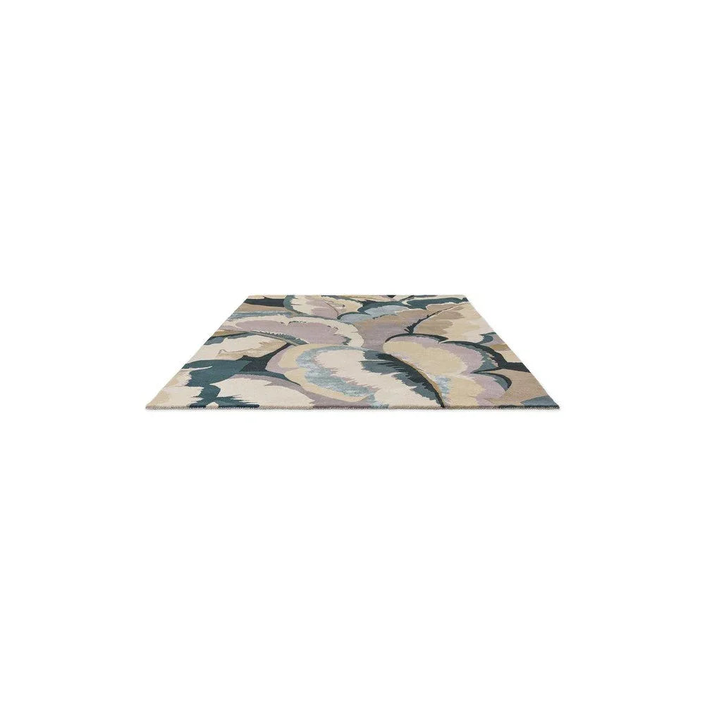 Harlequin Calathea Shiitake/Wild Water Designer Rug featuring abstract botanical pattern in beige, blush pink, dusty blue, teal and cream on light beige background, hand-tufted wool blend