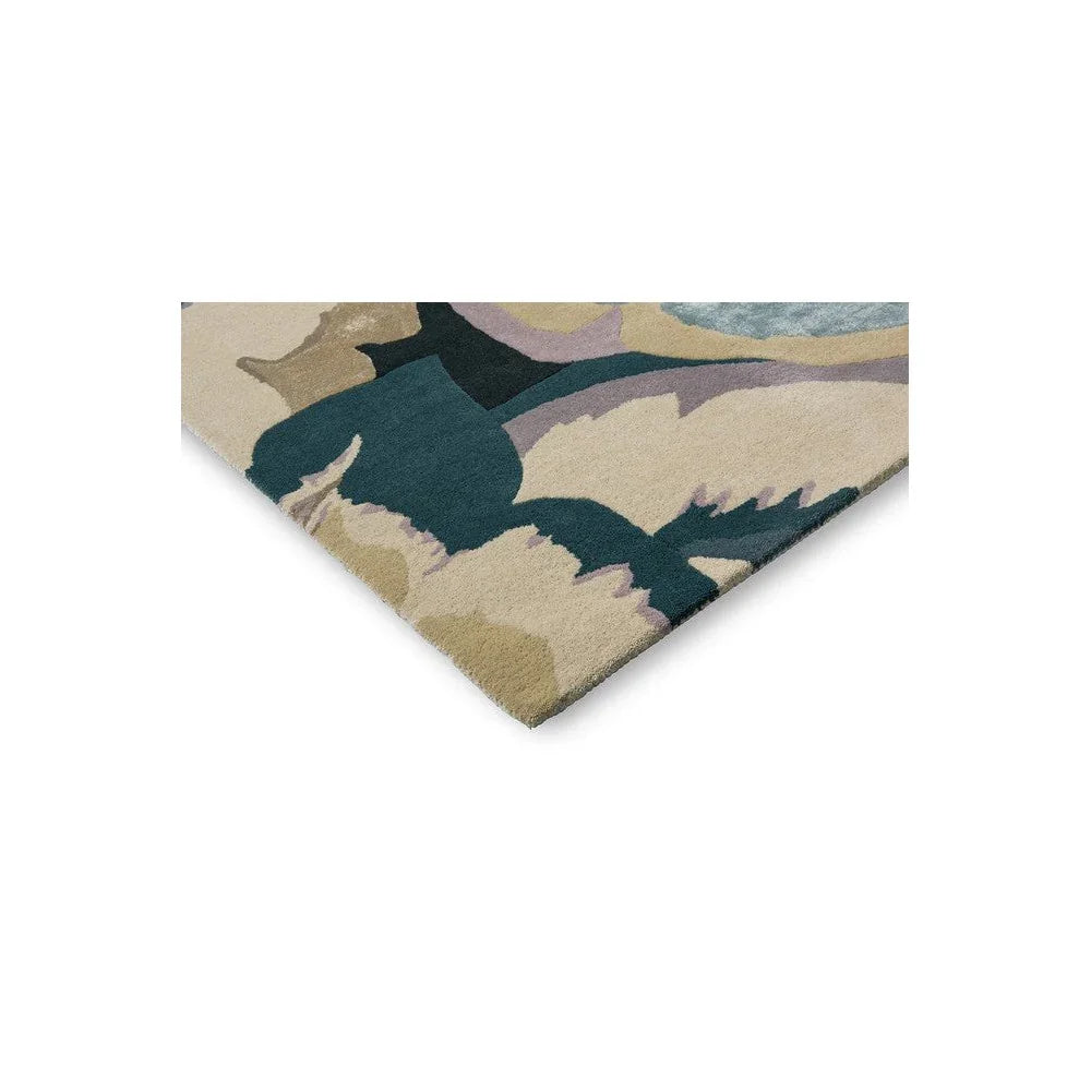 Harlequin Calathea Shiitake/wild Water Designer Rug featuring abstract botanical pattern in teal, navy, beige on cream background, hand-tufted wool