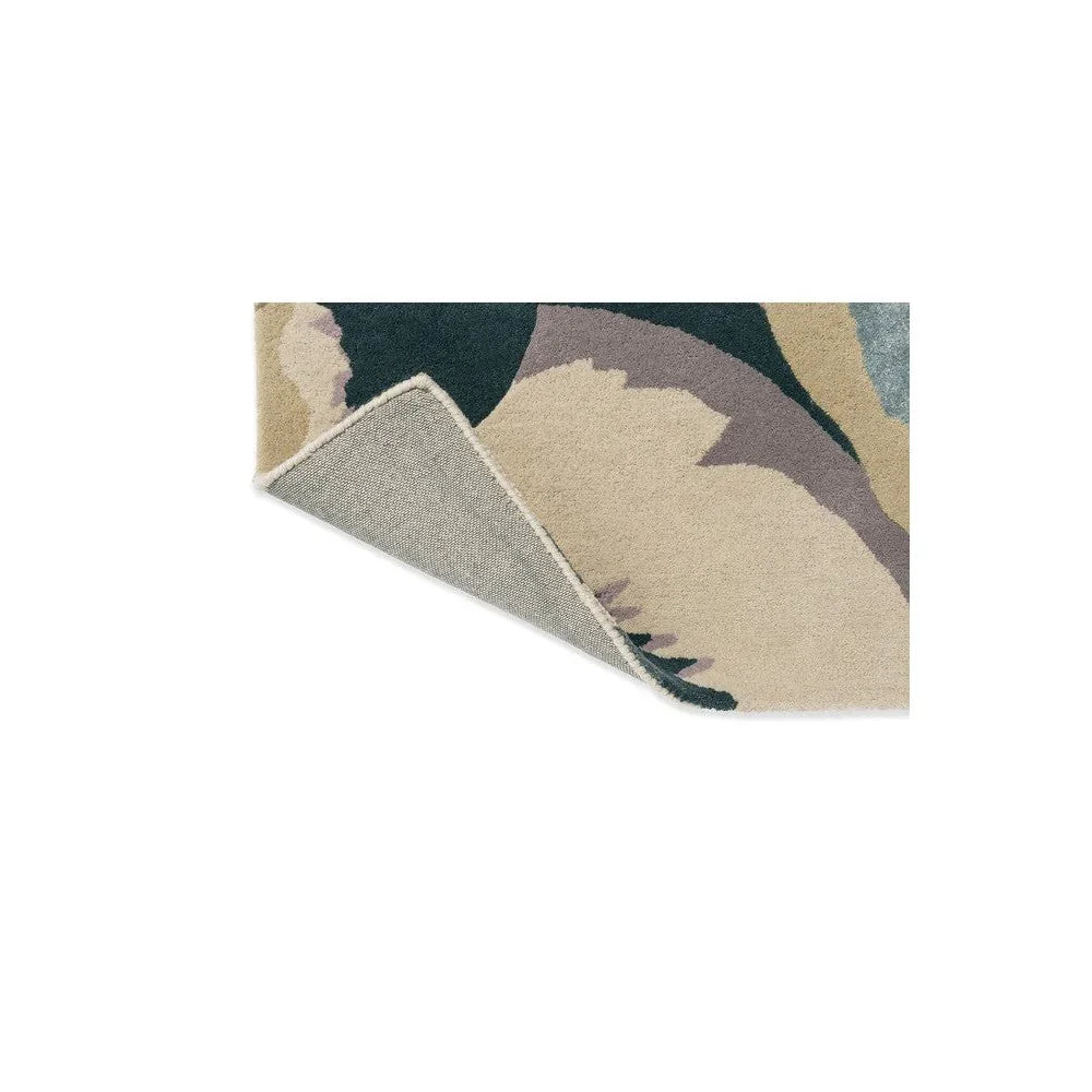 Harlequin Calathea Shiitake/Wild Water Rug featuring abstract camouflage in beige, taupe, sage, navy and charcoal on cream background