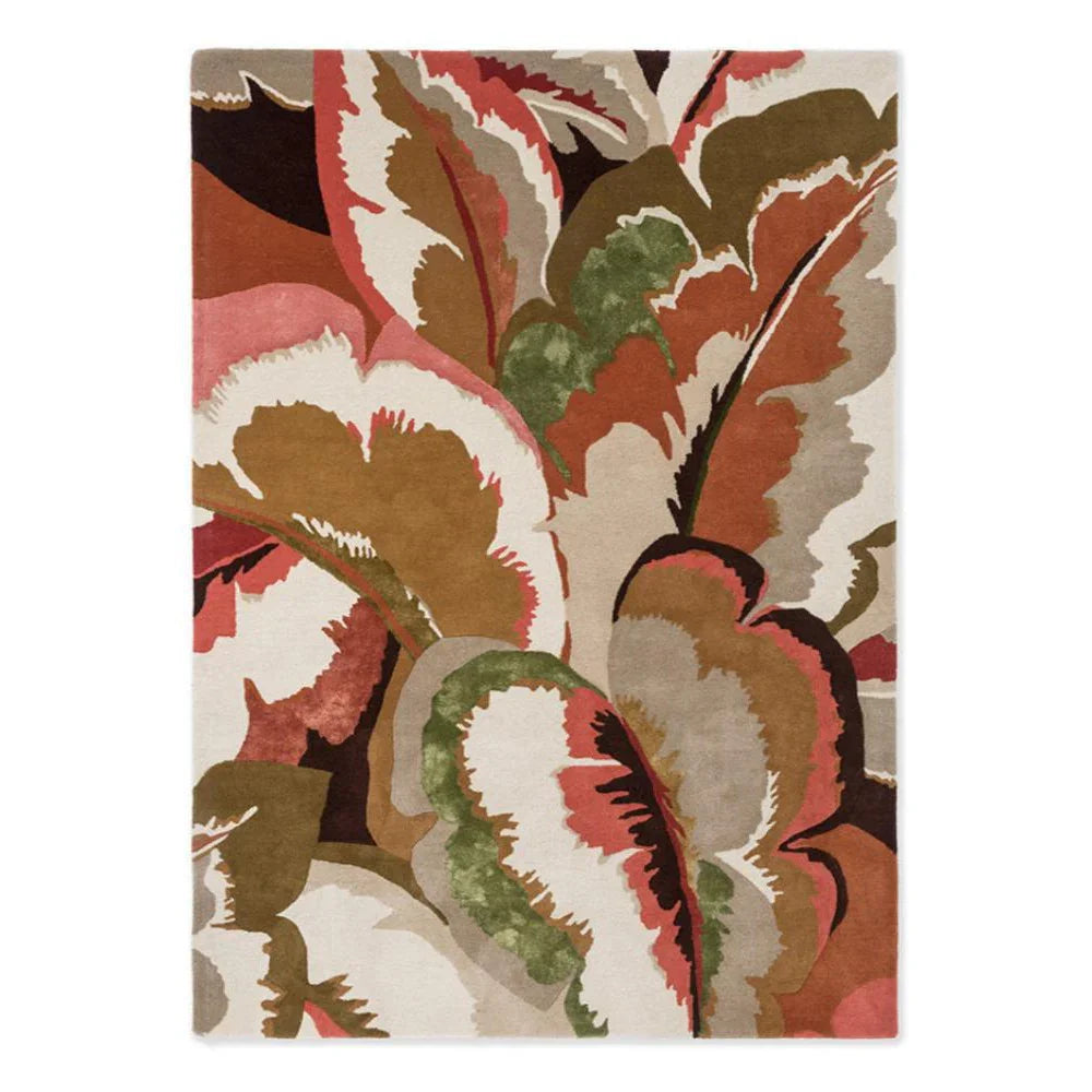 Harlequin Calathea Amber/Brazilian Rosewood rug with abstract floral pattern in amber, coral, sage and ivory on cream background, hand-tufted wool