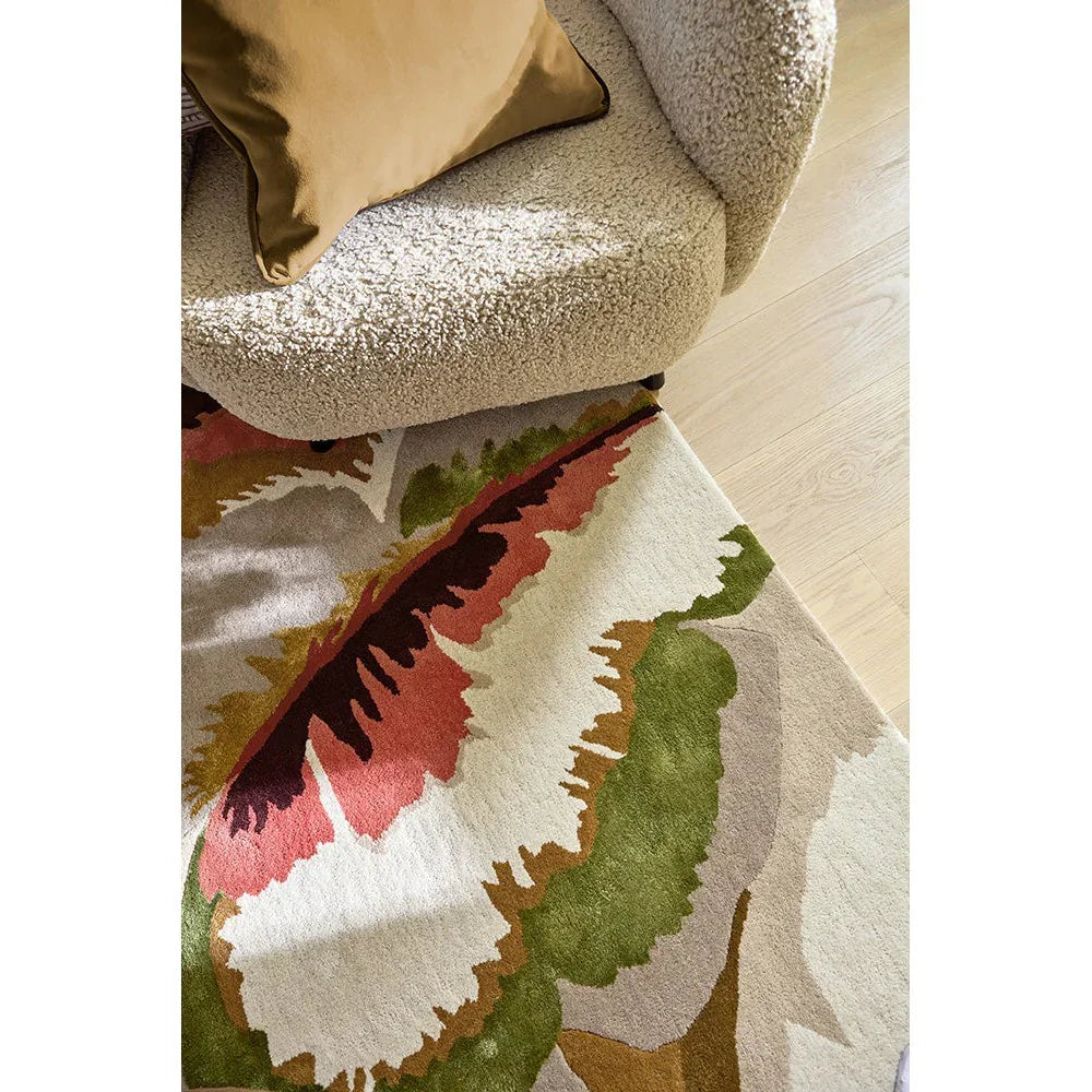 Harlequin Calathea Amber/Brazilian Rosewood Designer Rug featuring abstract botanical leaves in amber, pink and greens on beige background
