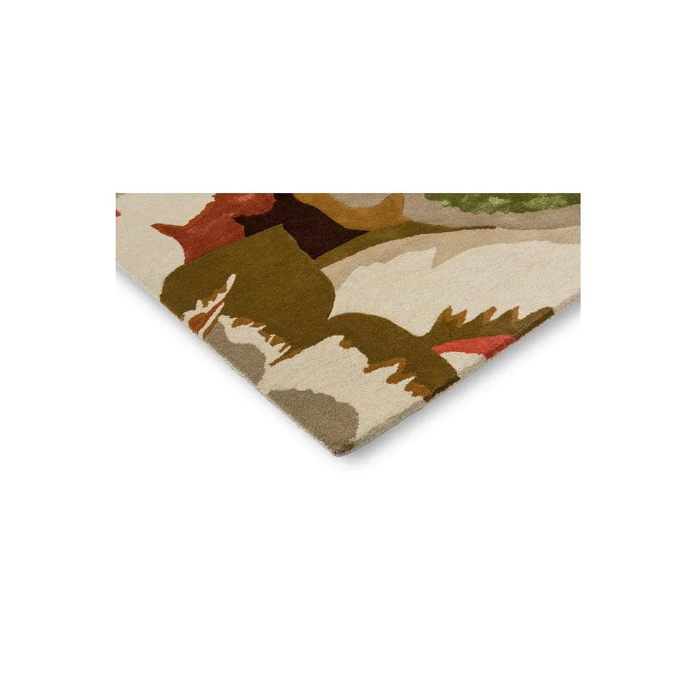 Harlequin Calathea Amber designer rug featuring abstract botanical pattern in amber, olive, brown on cream background, hand-tufted wool