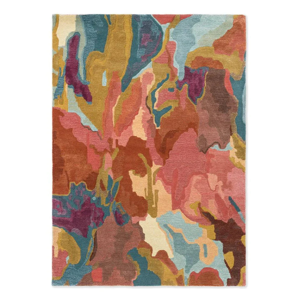 Harlequin Foresta rug featuring abstract organic pattern in rosewood, huckleberry, coral, teal, mustard on cream, hand-tufted wool