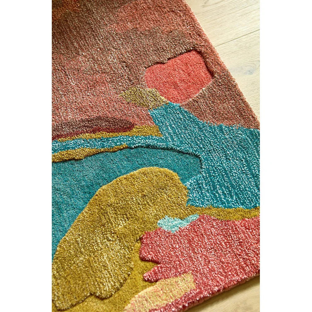 Harlequin Foresta rug featuring abstract patchwork in rosewood, huckleberry, teal, mustard & coral on cream background, hand-tufted wool