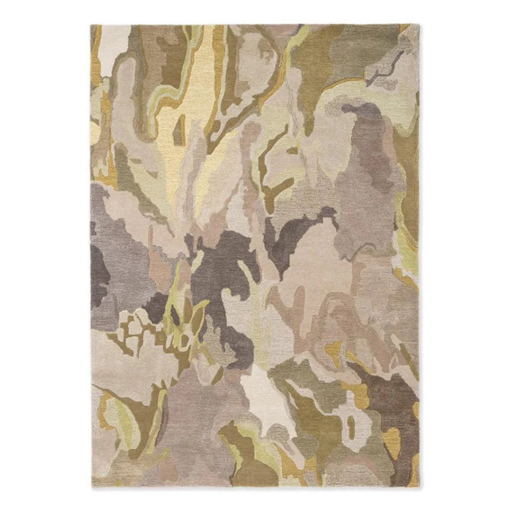 Harlequin Foresta Pebble/sand Rug featuring abstract camouflage in pebble, sand, taupe and sage on cream background, hand-tufted wool