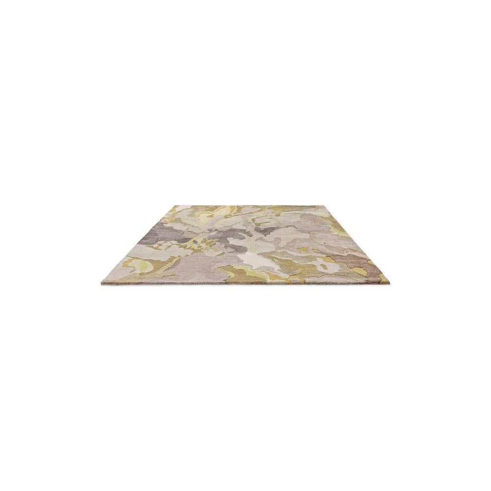 Harlequin Foresta Pebble/sand Designer Rug featuring abstract camouflage in pebble, sand, olive and grey on cream, machine-made wool blend