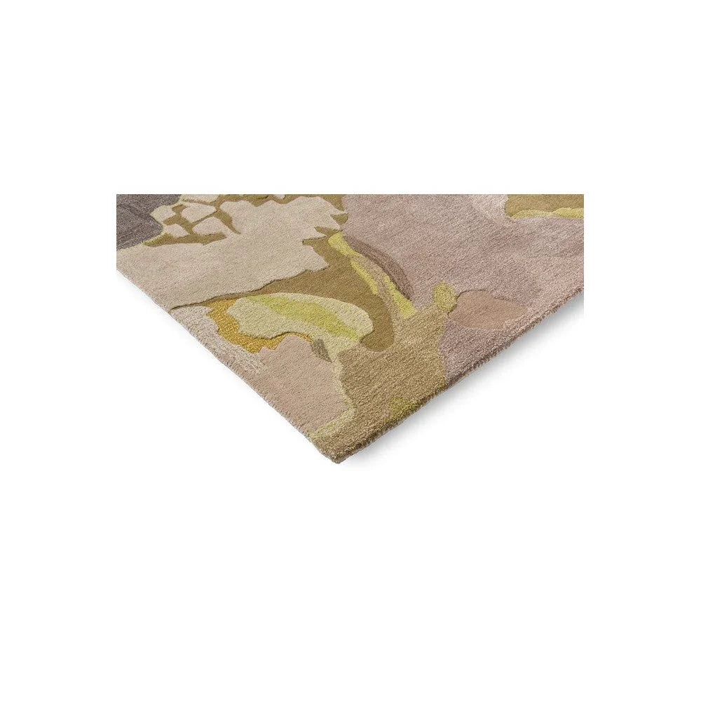 Harlequin Foresta pebble/sand rug featuring abstract botanical pattern in pebble, sand, sage, olive and dusty rose on beige background, machine-made wool blend