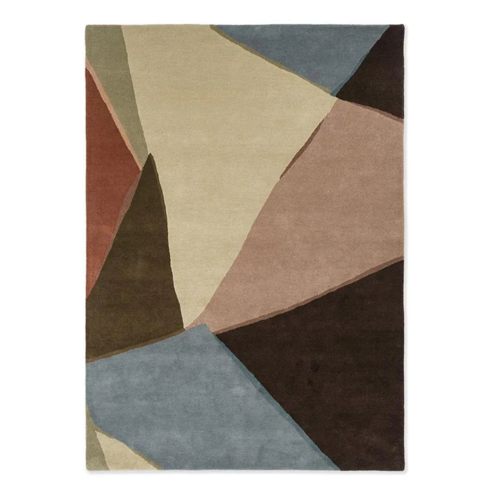 Harlequin Sumi Reflect rug featuring abstract geometric pattern in cream, beige, taupe, dusty blue and terracotta on sandy background, hand-tufted wool