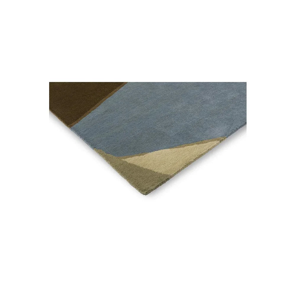 Harlequin Sumi Reflect rug featuring abstract color-block in cornflower blue, cornflour beige and spice brown on white, machine-made
