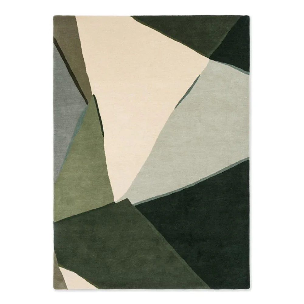 Harlequin Sumi Reflect Fern/pistachio Rug with abstract geometric blocks in cream, sage and greens on beige, hand-tufted wool