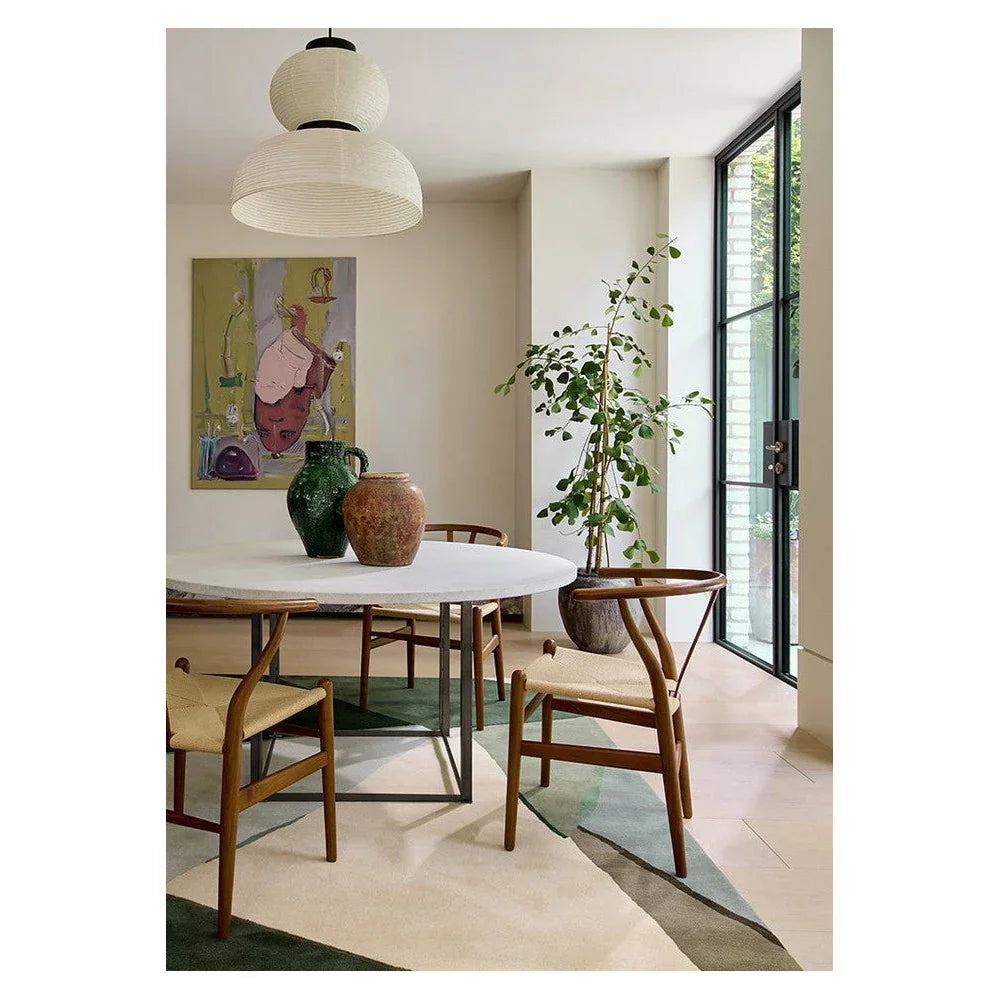 Harlequin Sumi Reflect Fern/pistachio designer rug featuring abstract pattern in fern green, pistachio, cream on pale beige, hand-tufted wool