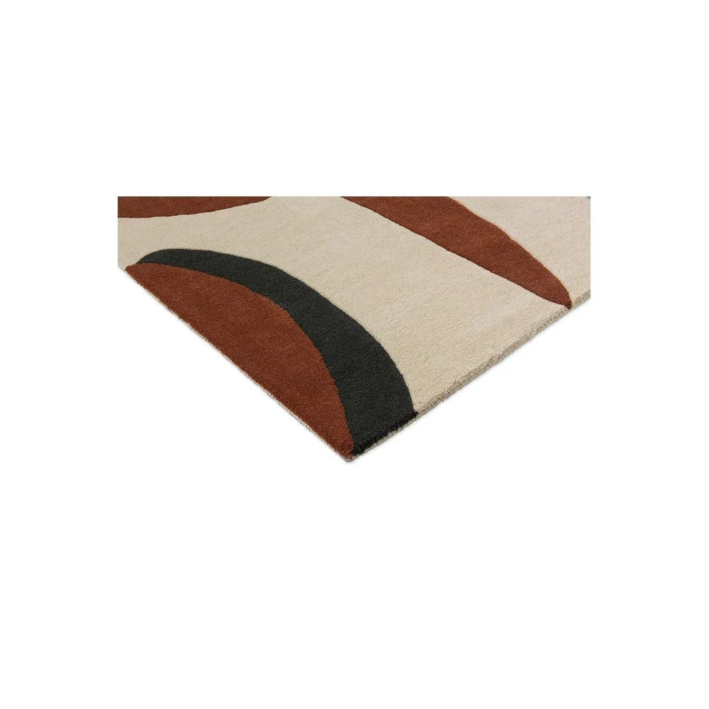 Harlequin Torillo Cornflower / Walnut Designer Rug featuring curved arc pattern in walnut, black on beige background, hand-tufted wool