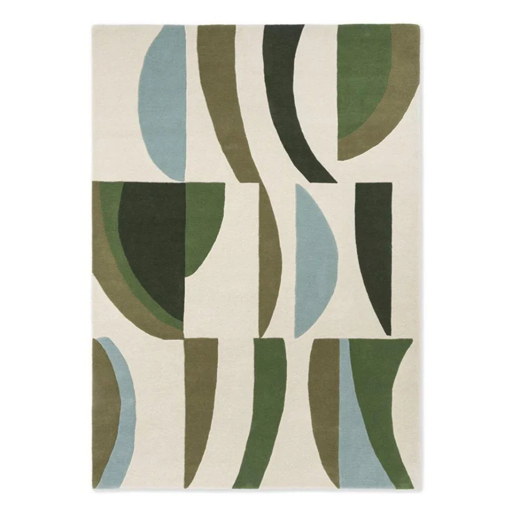 Harlequin Torillo Emerald/Azul Designer Rug featuring geometric blocks in emerald, dusty blue, olive on cream background, hand-tufted wool