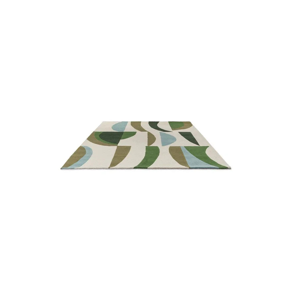 Harlequin Torillo Emerald/Azul Designer Rug featuring abstract curved motif in emerald, olive, light blue on cream background, power-loomed wool