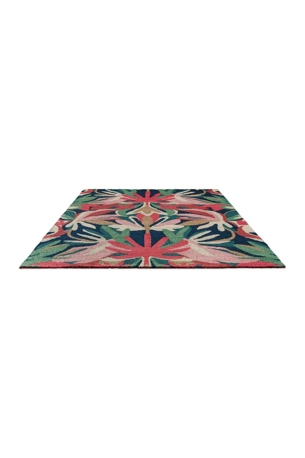 Harlequin Melora Pink Outdoor Rug featuring tropical floral pattern in pink, coral, sage green, navy on beige, machine-made polypropylene