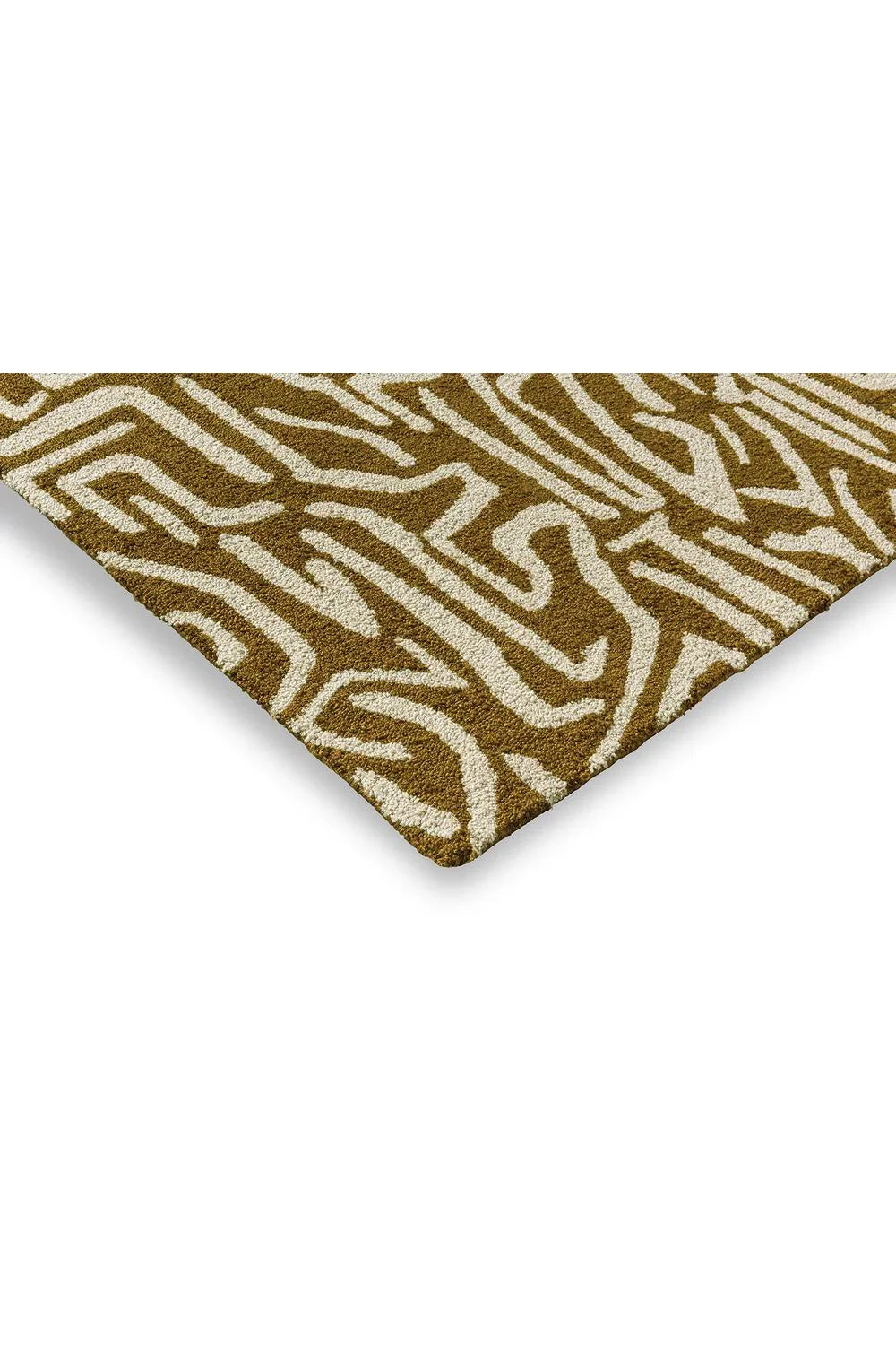 Harlequin Melodic Ochre-Gold Outdoor Rug featuring zebra-like pattern in ochre and cream on ivory background, machine-made polypropylene