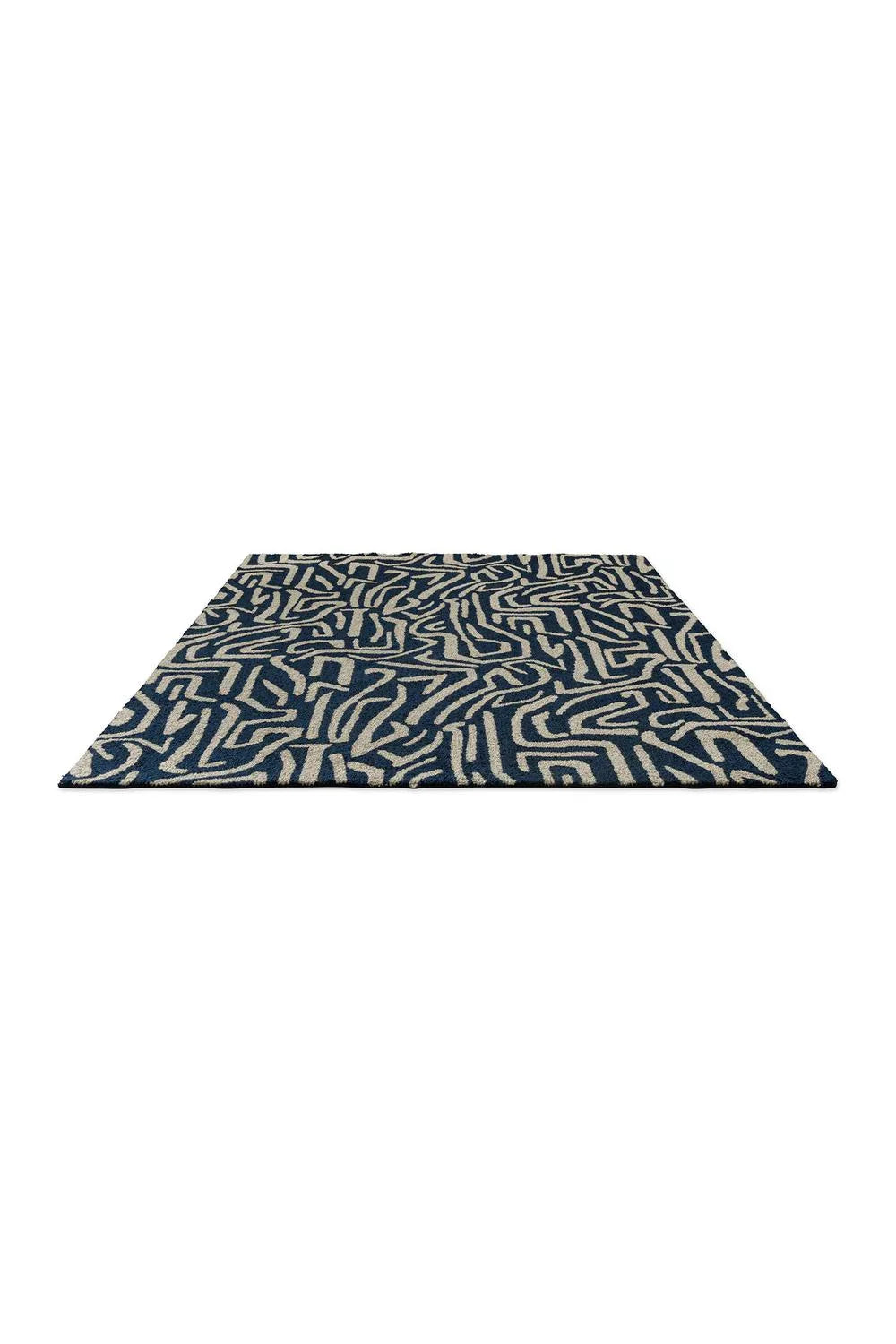Harlequin Melodic Blue Outdoor Rug with abstract geometric pattern in navy and ivory on navy background, power-loomed polypropylene