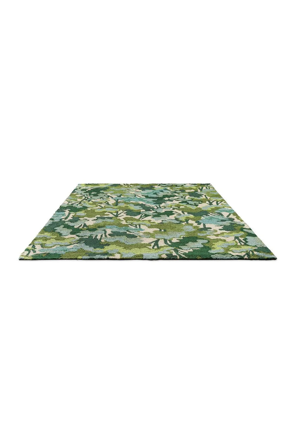 Harlequin Tree Tops Green Outdoor Rug featuring camouflage pattern in olive, forest green and cream on light background, machine-made polypropylene