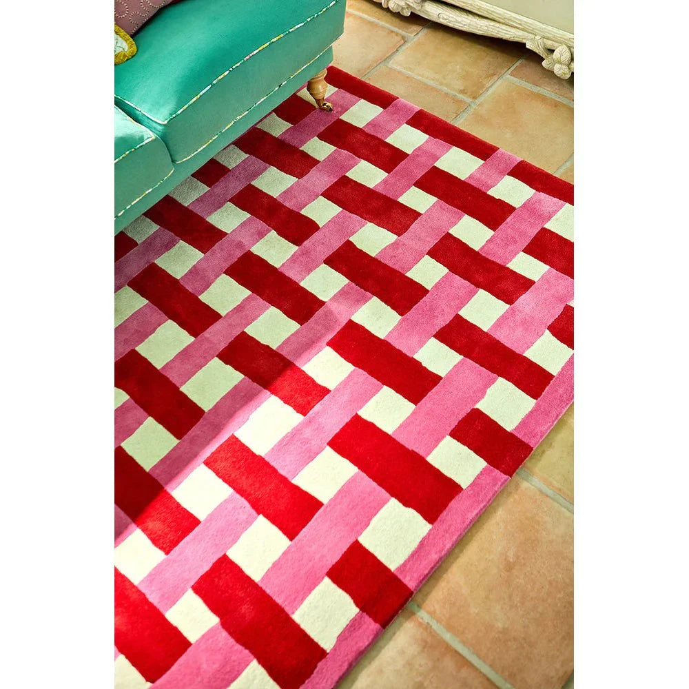 Sophie Robinson x Harlequin Basket Weave Rug featuring red, pink and cream basket-weave pattern on beige background, machine-made pile