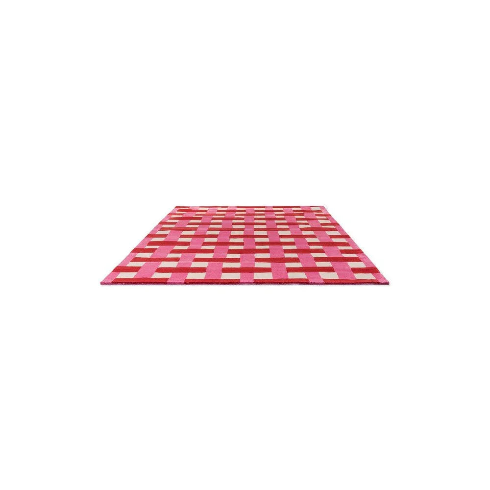 Sophie Robinson x Harlequin Basket Weave Coral/Rose Rug featuring checkerboard pattern in coral rose and cream on white background, machine-made polyester