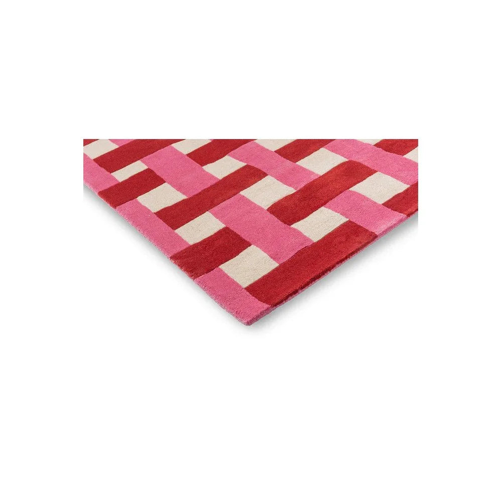 Sophie Robinson x Harlequin Basket Weave Rug featuring basket-weave pattern in coral, rose pink and cream on beige background, hand-tufted wool