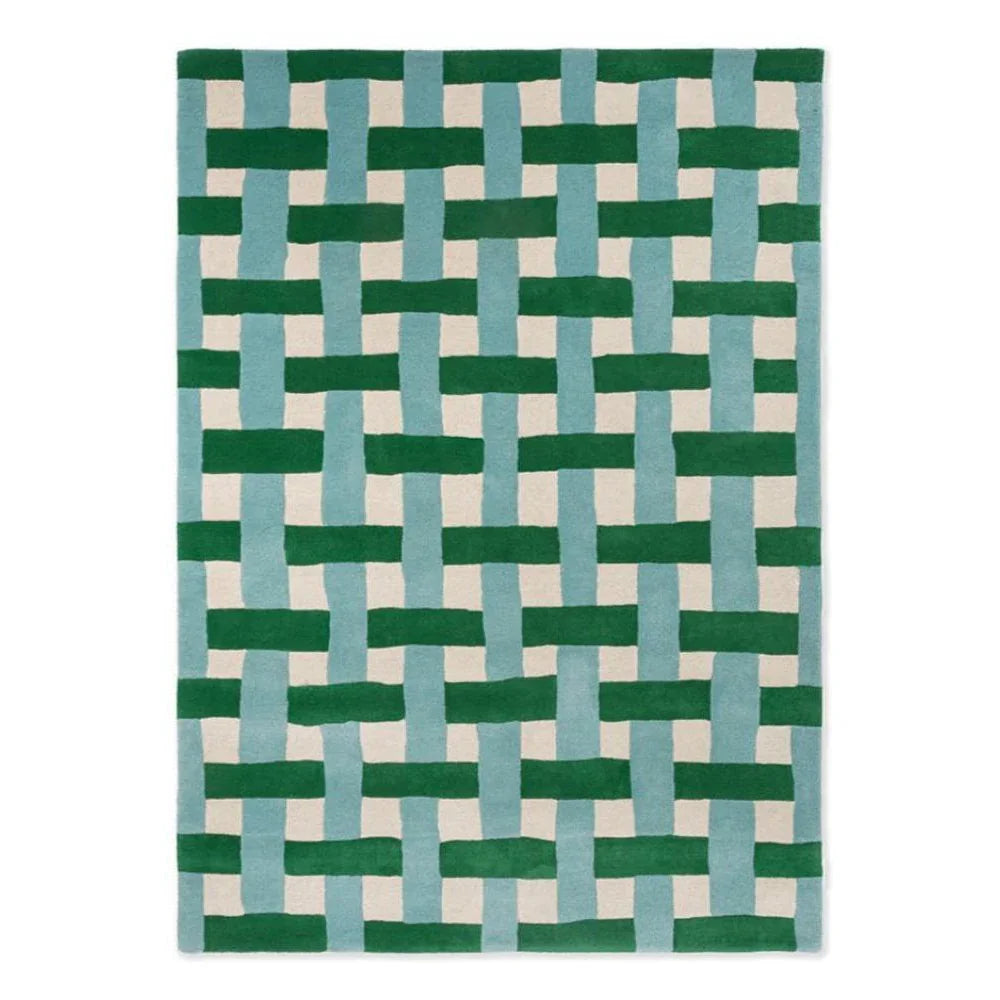 Sophie Robinson x Harlequin Basket Weave Rug featuring basket-weave pattern in emerald green, aquamarine and cream on beige background, hand-tufted wool
