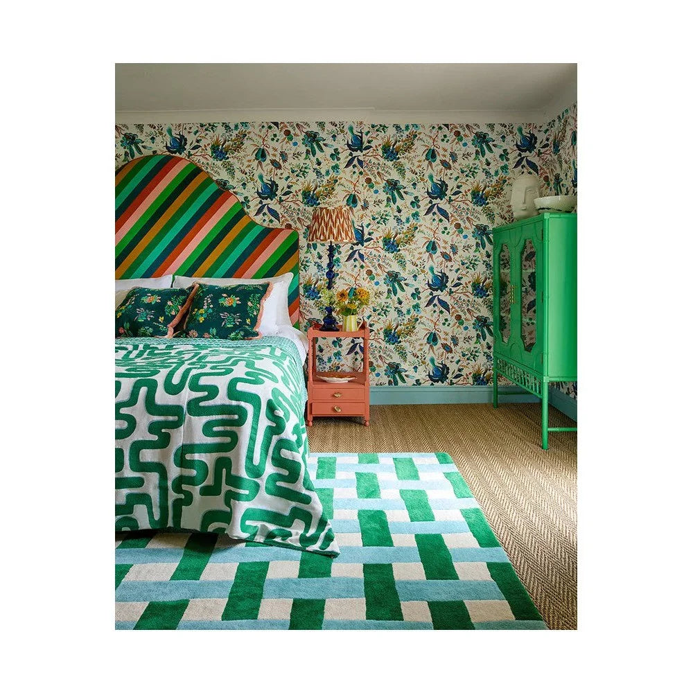 Sophie Robinson x Harlequin Basket Weave Emerald/Aquamarine Rug featuring geometric pattern in emerald green and aquamarine on cream, hand-tufted wool