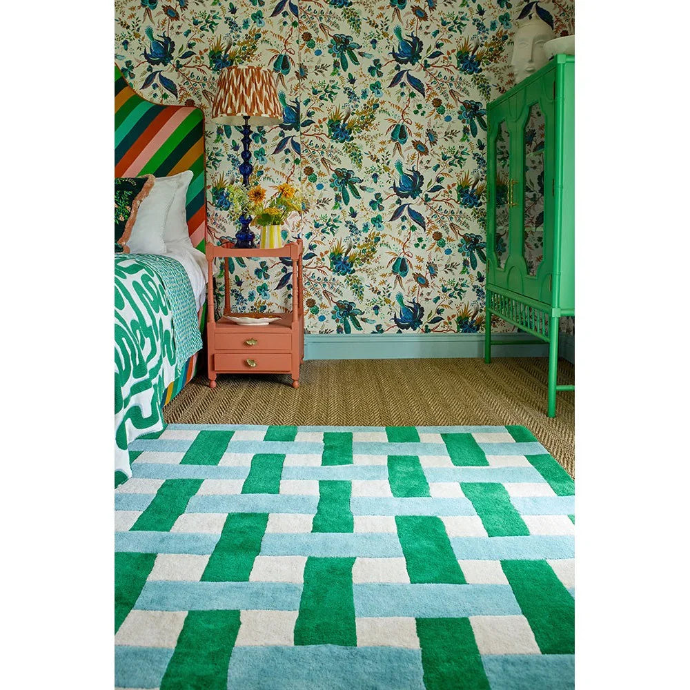 Sophie Robinson x Harlequin Basket Weave Emerald/Aquamarine Rug featuring emerald, aquamarine, teal and white on cream, machine-made polypropylene