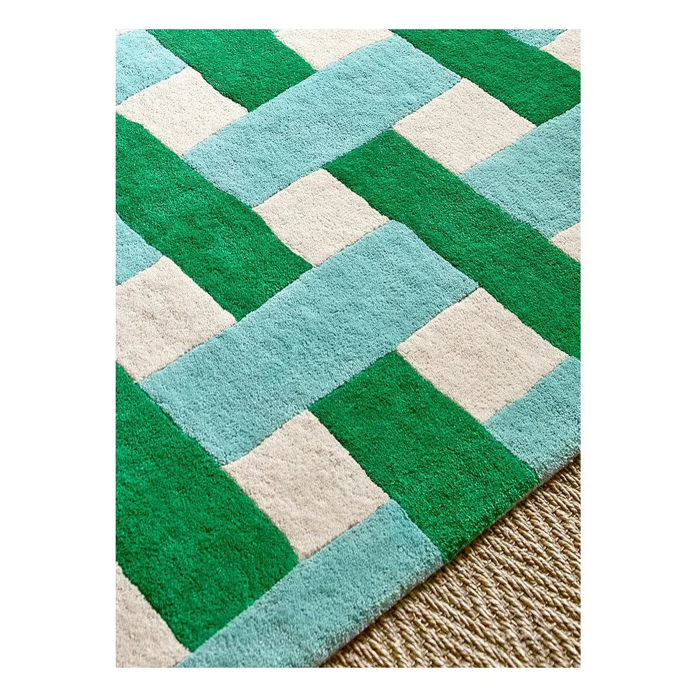 Sophie Robinson x Harlequin Basket Weave Emerald/Aquamarine Rug featuring emerald, aquamarine and cream on beige background, hand-tufted wool