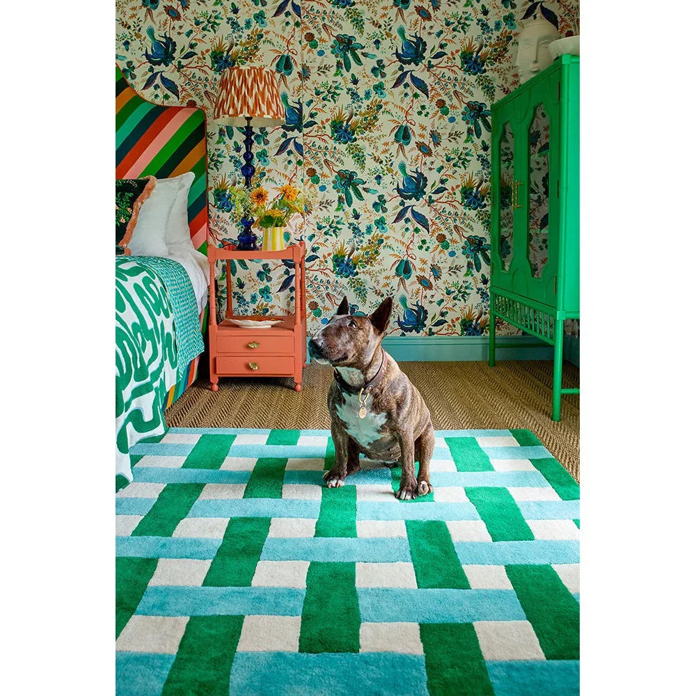 Sophie Robinson x Harlequin Basket Weave Emerald/Aquamarine Rug featuring emerald & aqua basket-weave on cream, hand-tufted wool