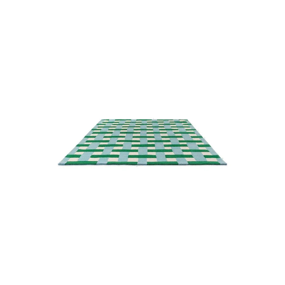 Sophie Robinson x Harlequin Basket Weave Emerald/Aquamarine Rug featuring emerald and aquamarine basket-weave on white background, woven wool
