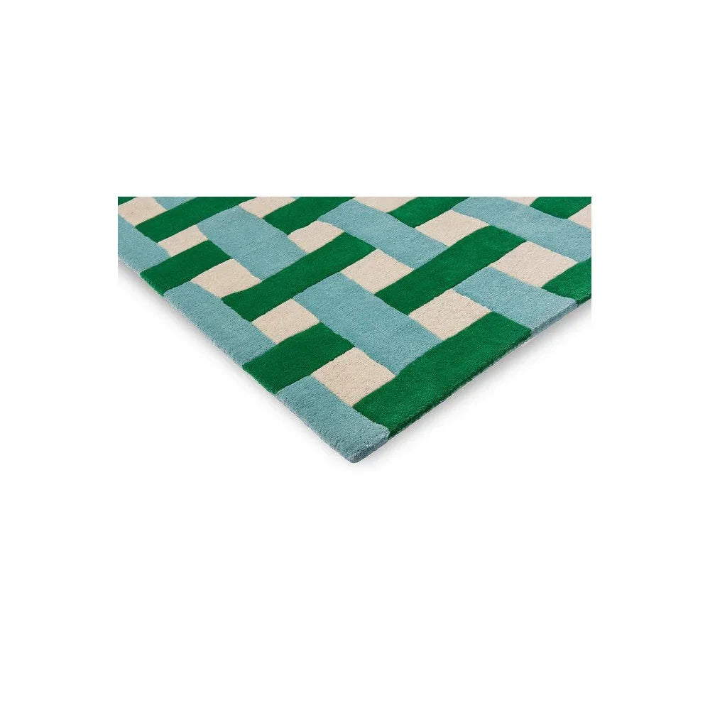 Sophie Robinson x Harlequin Basket-Weave Rug featuring emerald green, aquamarine and cream on white background, hand-tufted wool