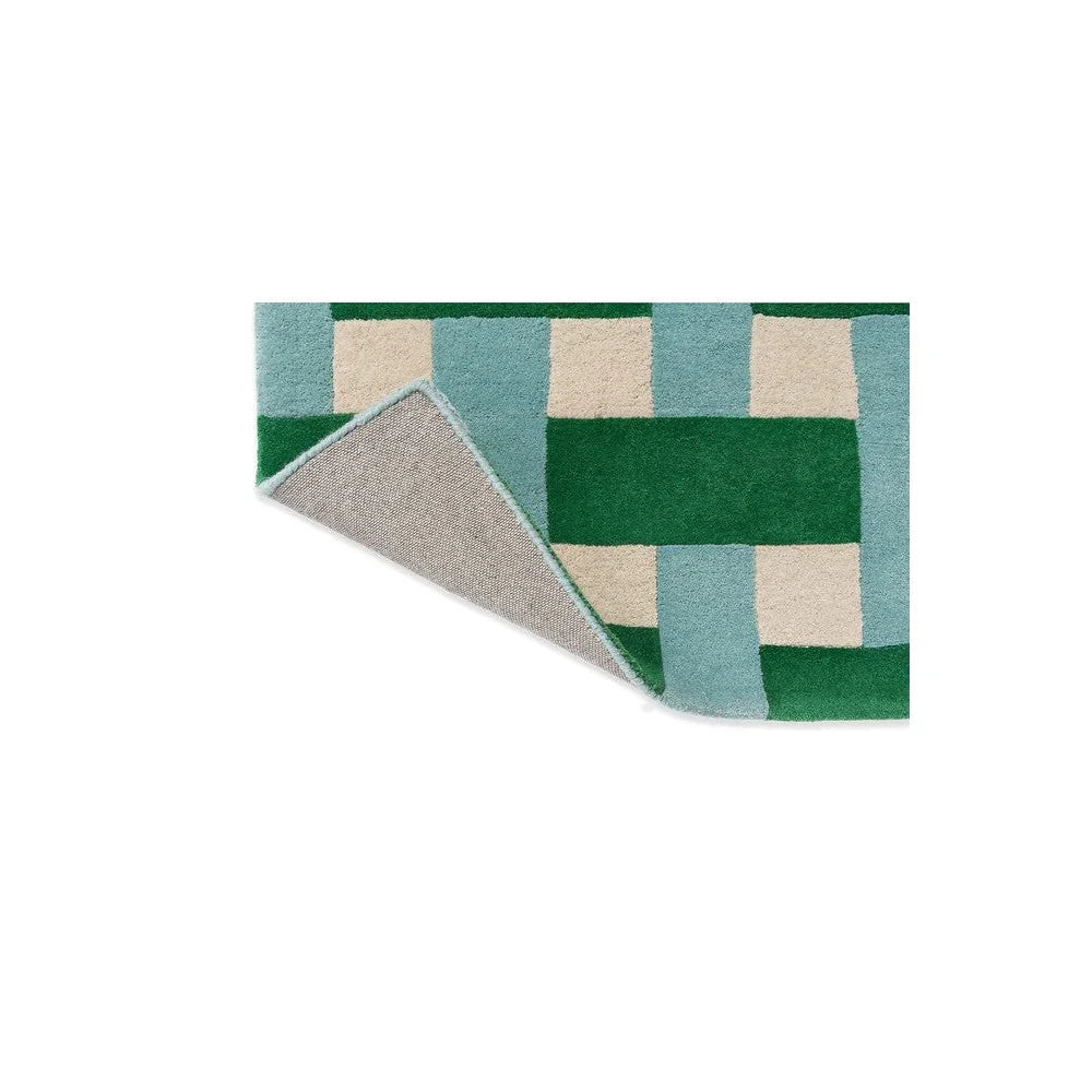 Sophie Robinson x Harlequin Basket Weave Emerald/Aquamarine Rug featuring geometric basket-weave in emerald, aqua and cream on pale beige background, woven