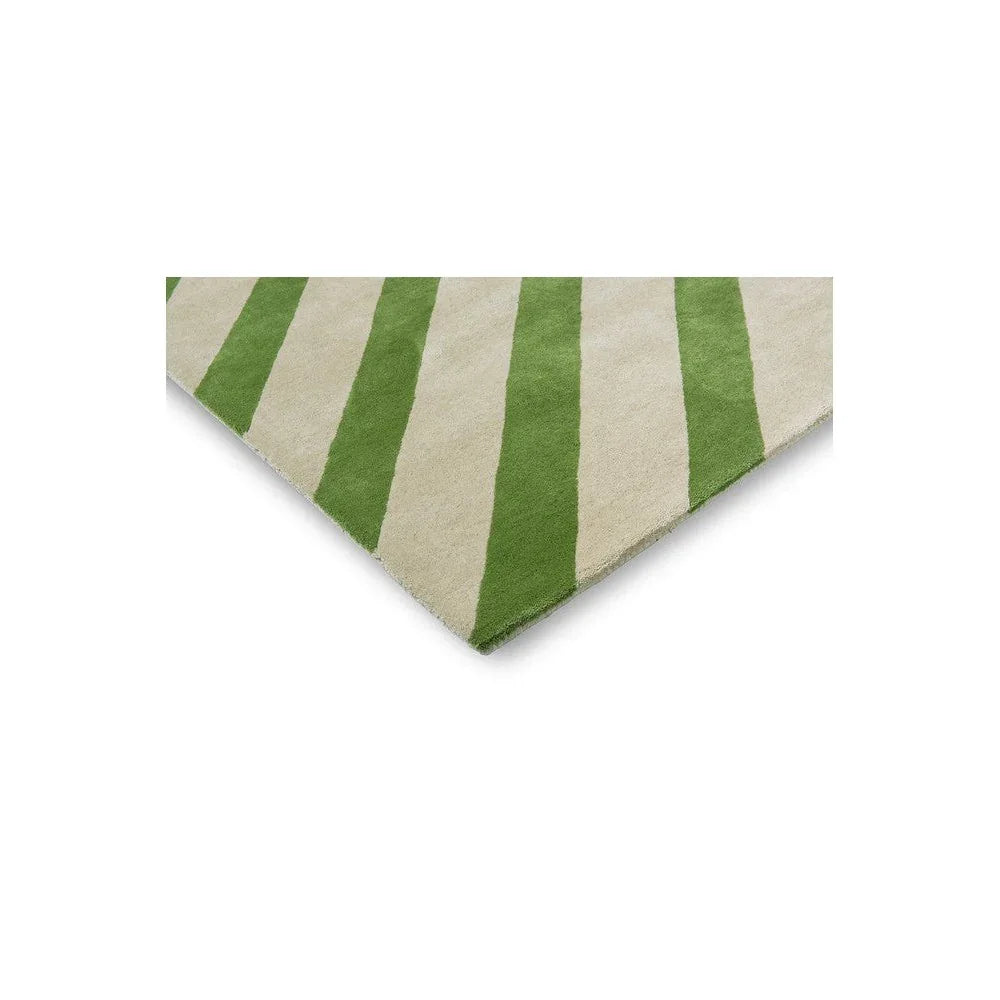 Sophie Robinson Paper Straw Peridot Designer Rug featuring bold striped pattern in peridot green and cream on beige background, hand-tufted wool