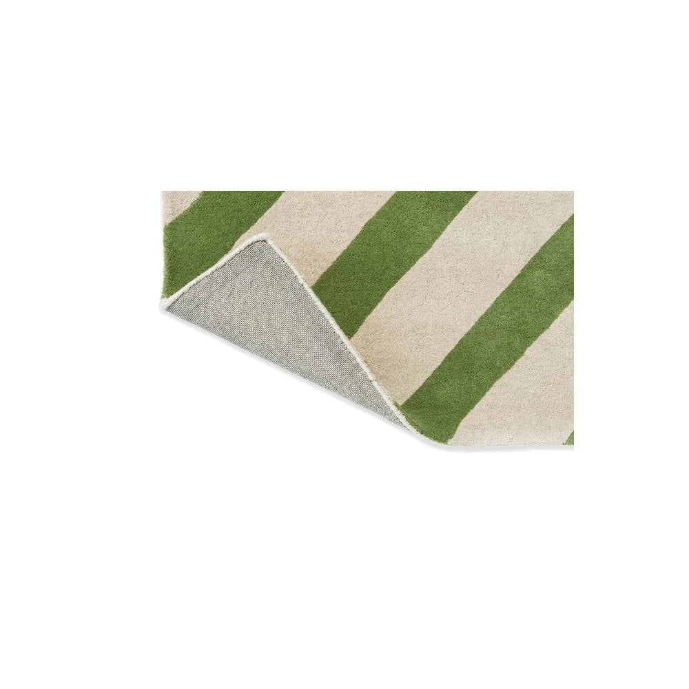 Sophie Robinson x Harlequin Rug featuring striped pattern in peridot green and beige on cream background, hand-tufted wool