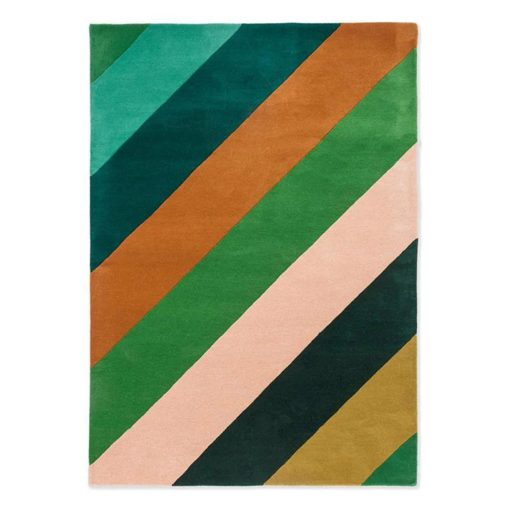Sophie Robinson x Harlequin Sherbet Stripe rug featuring diagonal stripes in emerald, teal, amber, blush pink on cream, hand-tufted wool
