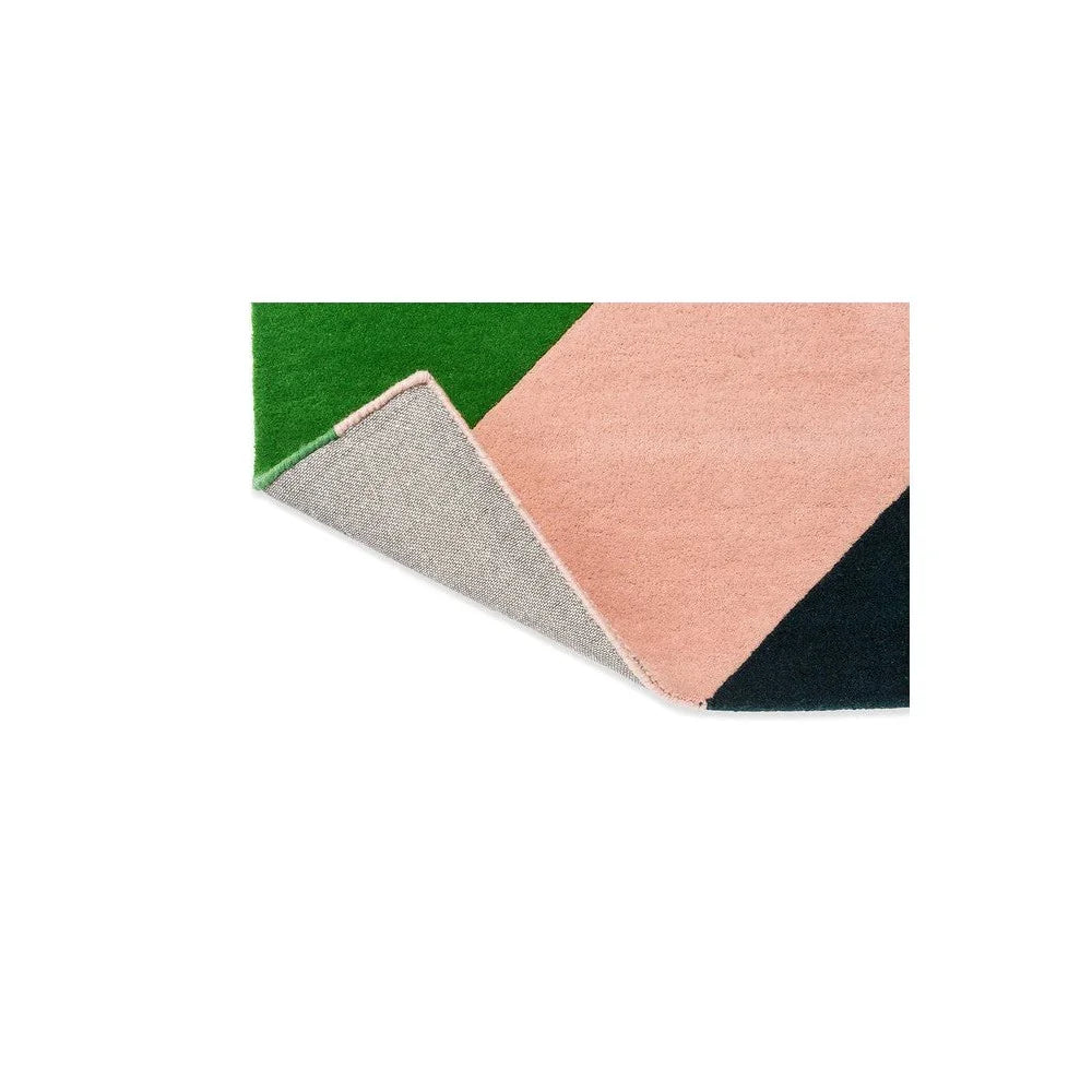 Sophie Robinson x Harlequin Sherbet Stripe rug featuring geometric colour-block in emerald green, peach, navy and grey on white background, machine-made wool blend