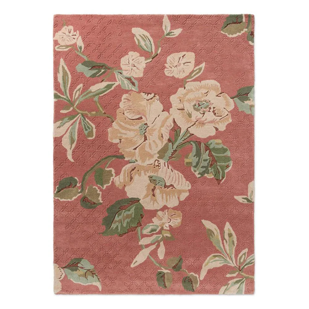 Laura Ashley Aylworth Trail Terracotta Designer Rug featuring floral bouquet in cream and sage leaves on terracotta background, hand-tufted wool