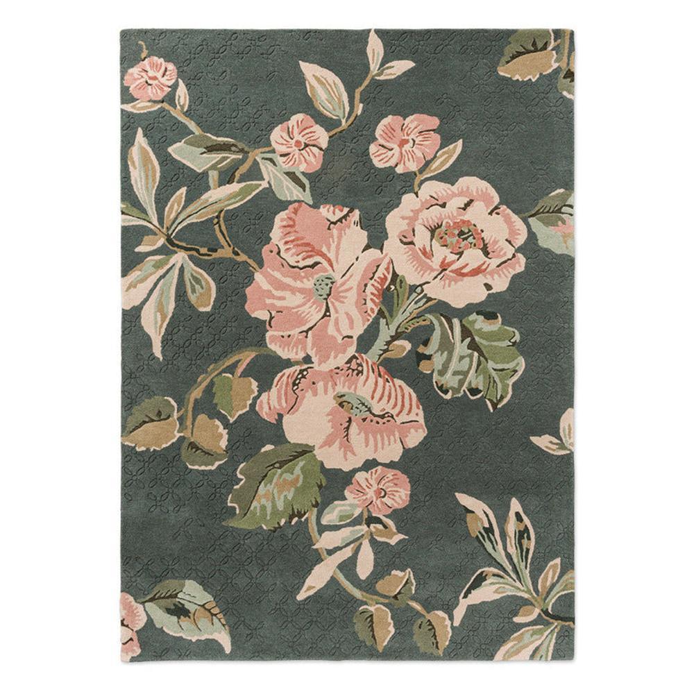 Laura Ashley Aylworth Trail Fern Green Rug featuring pink floral pattern on fern-green background, machine-woven wool
