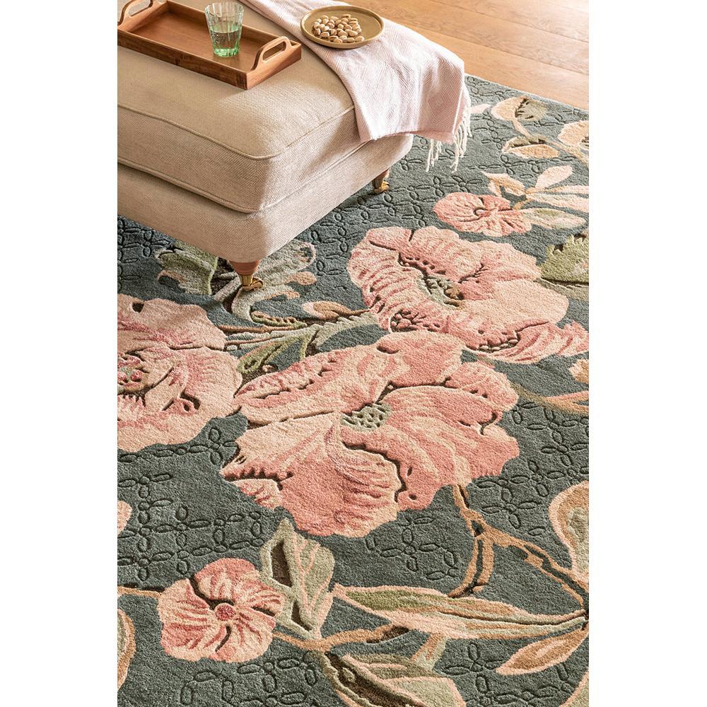 Laura Ashley Aylworth Trail Fern Green Designer Rug featuring botanical floral pattern in pink blush, coral, sage green and cream on deep fern green background, hand-tufted wool