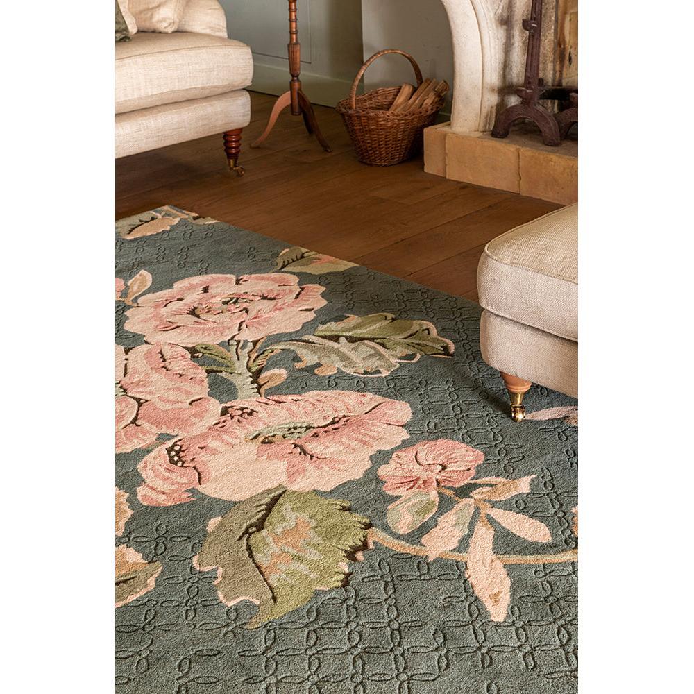 Laura Ashley Aylworth Trail Fern Green Designer Rug with pink peonies on teal-green background, hand-tufted wool