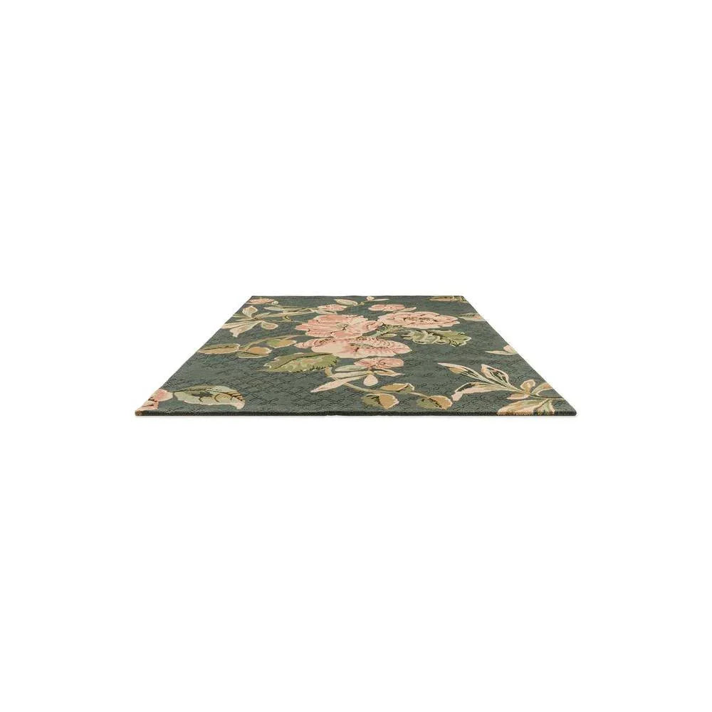 Laura Ashley Aylworth Trail Fern Green Designer Rug featuring floral pattern in pinks and cream on fern green background, hand-tufted wool
