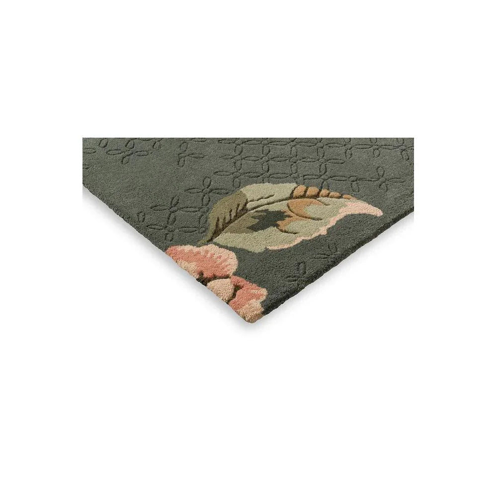 Laura Ashley Aylworth Trail Fern Green Designer Rug featuring botanical floral pattern in fern green, olive, dusty pink on dark green background, hand-tufted wool