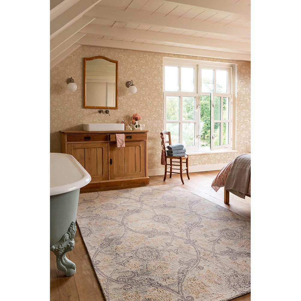 Laura Ashley Endale Soft Truffle rug featuring damask scroll pattern in cream, taupe and blue-grey on beige, hand-tufted wool