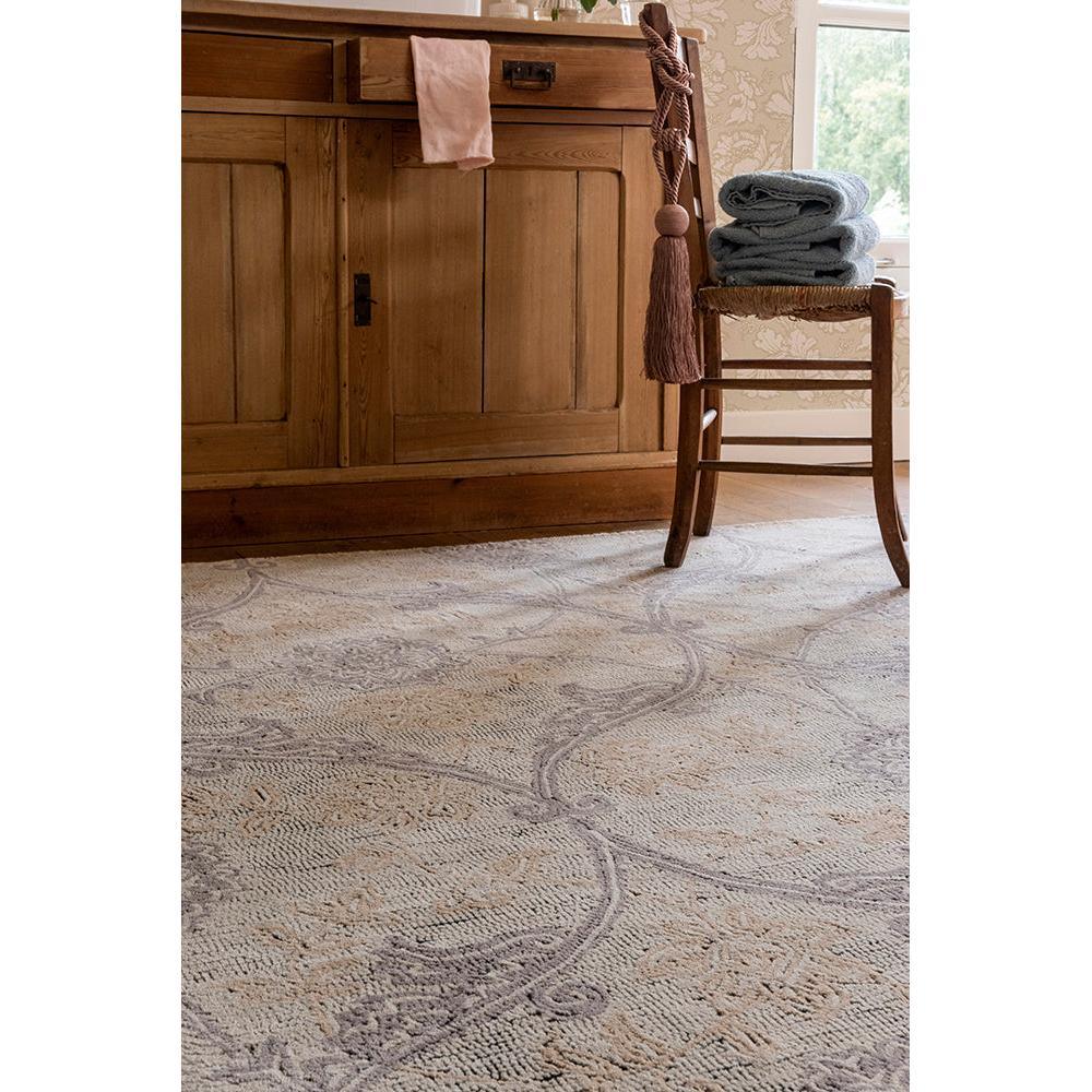Laura Ashley Endale Soft Truffle Rug featuring damask pattern in ivory, taupe and sage on beige background, hand-tufted wool
