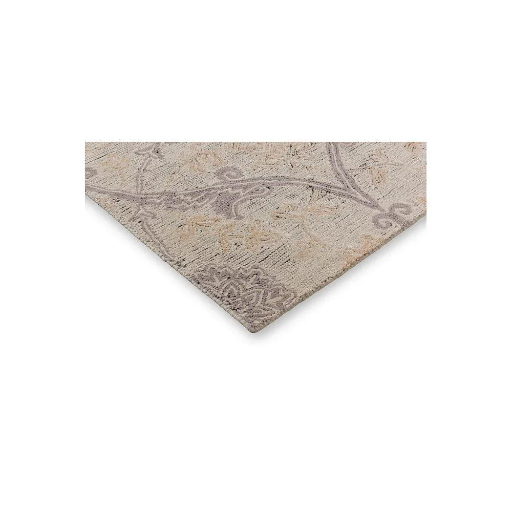 Laura Ashley Endale Soft Truffle Rug featuring botanical damask in taupe, lavender and beige on cream, hand-tufted wool