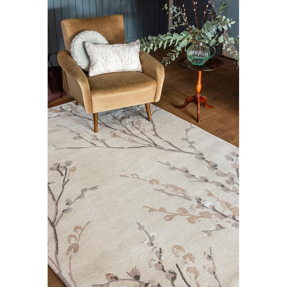 Laura Ashley Pussy Willow Dove Grey Designer Rug featuring botanical branch pattern in ivory, dove grey and taupe on cream background, machine-woven wool