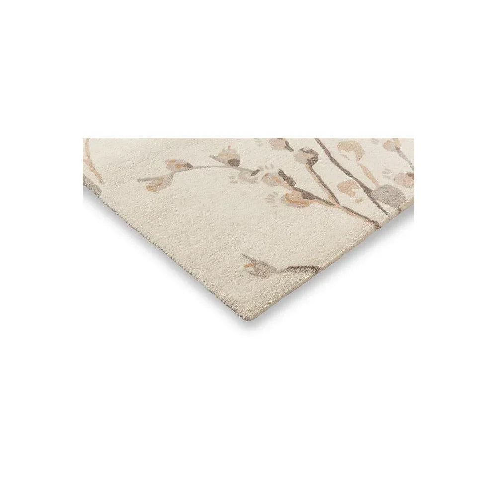 Laura Ashley Pussy Willow Dove Grey Designer Rug featuring pussy willow branch pattern in cream, taupe and light brown on ivory background, machine-woven wool
