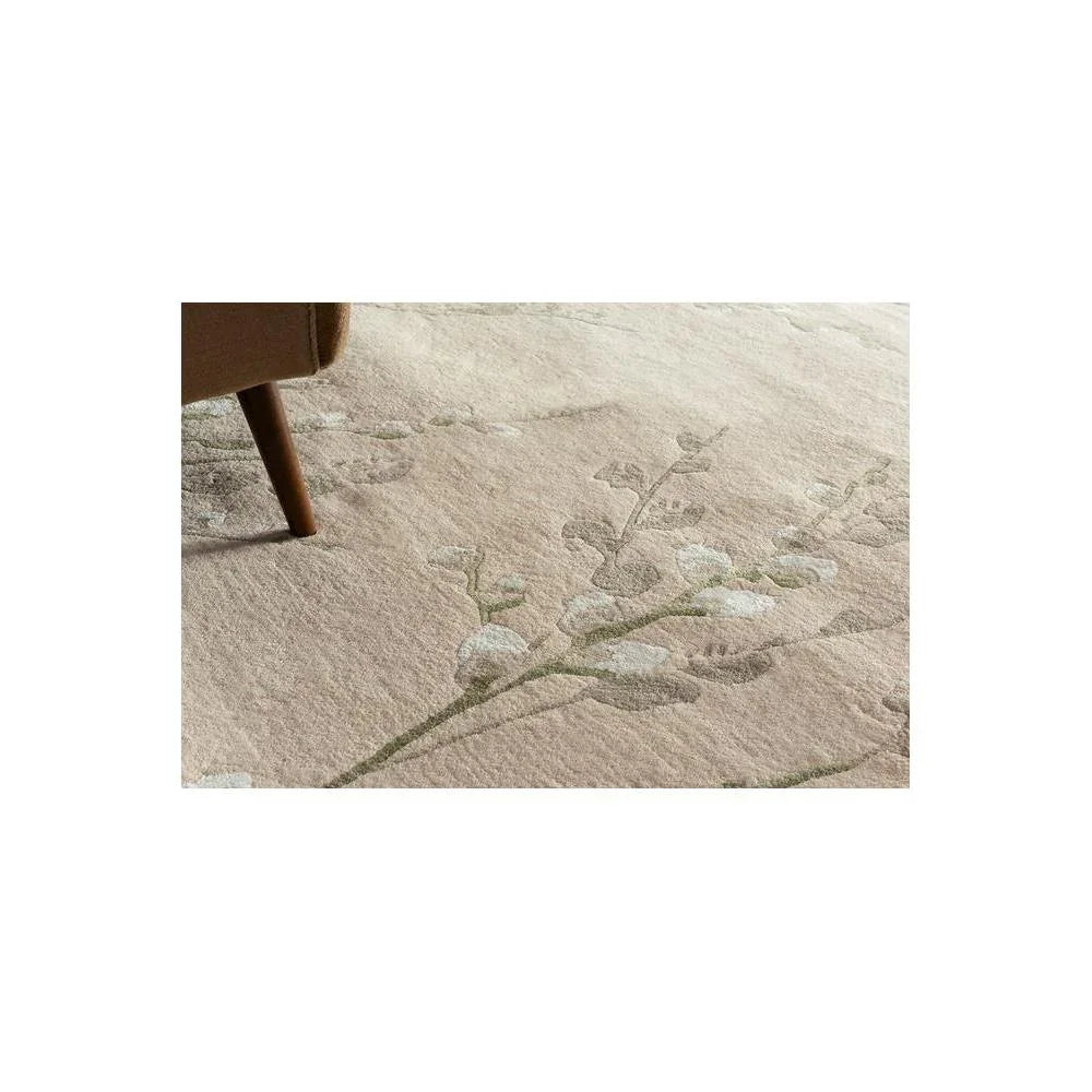 Laura Ashley Pussy Willow Hedgerow Green Designer Rug featuring botanical pattern in beige, cream and sage green on beige background, machine-made polyester