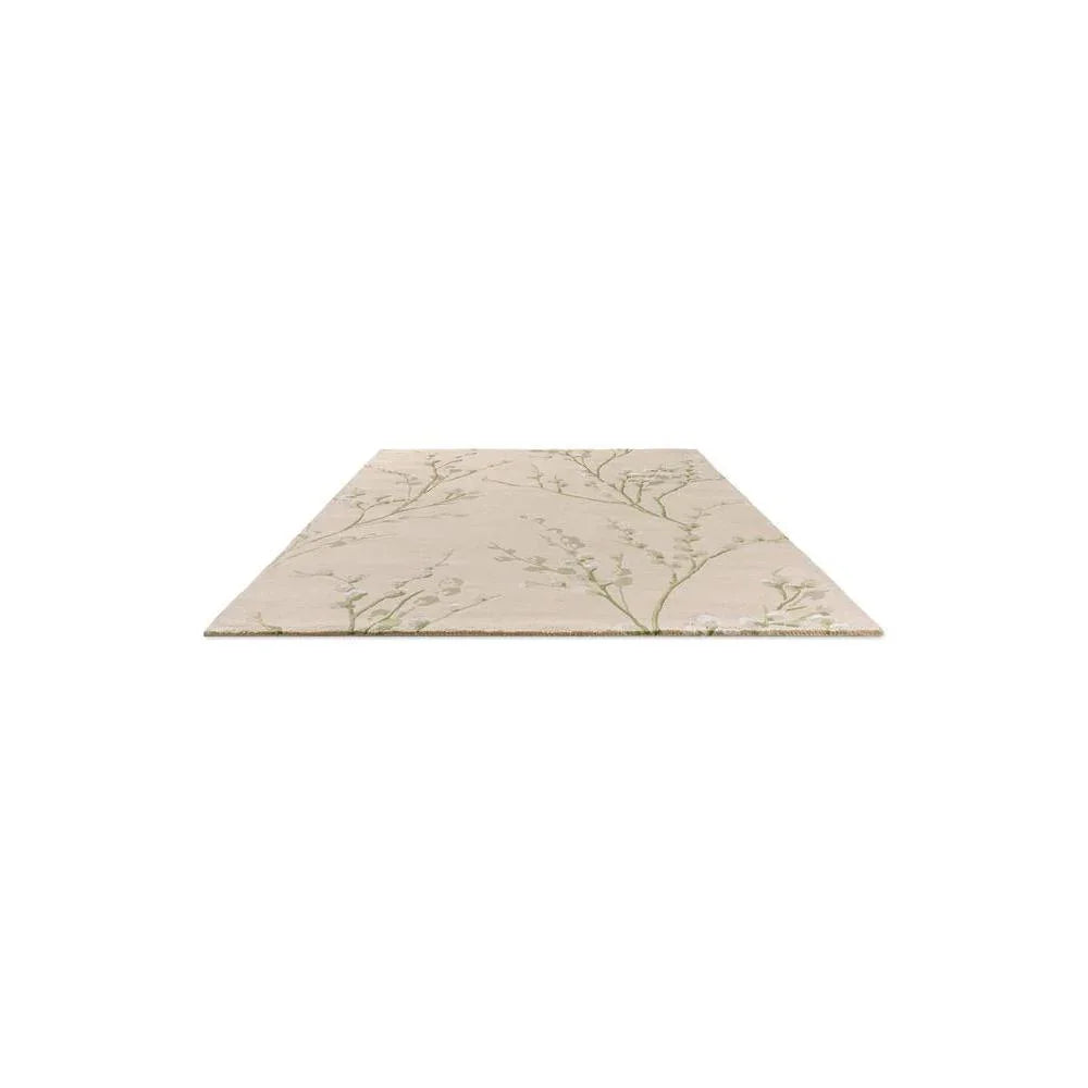 Laura Ashley Pussy Willow Hedgerow Green Rug featuring botanical stems in beige, sage and olive on beige background, hand-tufted wool
